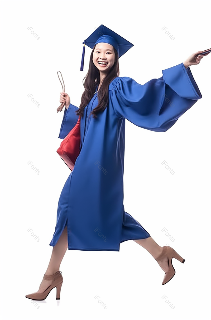 白色背景拿红色包跑步快走穿着蓝色学士服的女大学生研究生毕业季单人拍照摄影图,高清,摄影图,摄影图片,图片大全,摄影图免费下载